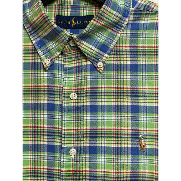 Ralph Lauren green‎ blue white plaid Mens long sleeve button casual shirt Large - Picture 2 of 7